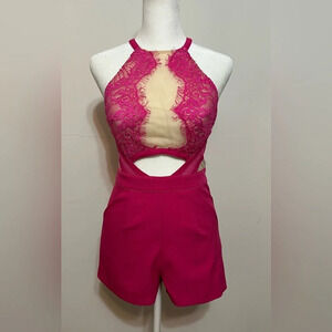 Luxxel Sexy pink lace see through romper. Small. K1